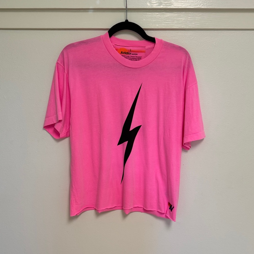 Neon pink Aviator Nation Tee with Black Lightning Bolt